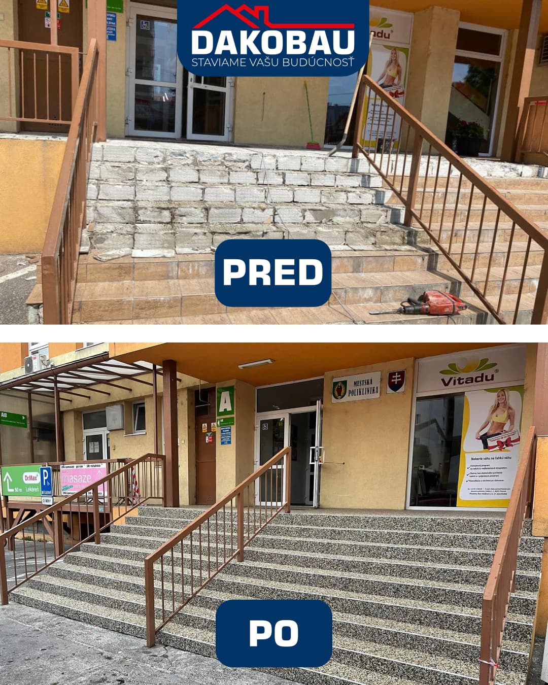 Kamenný koberec na schodoch pred objektom